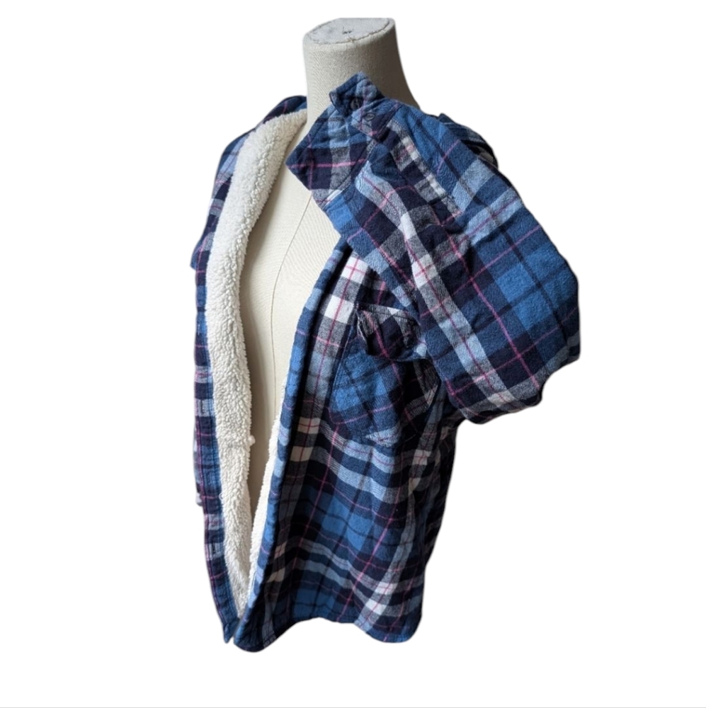 Women's XL Boston Traders Plaid Sherpa Hoodie Shacket Button-down Blue Pink
